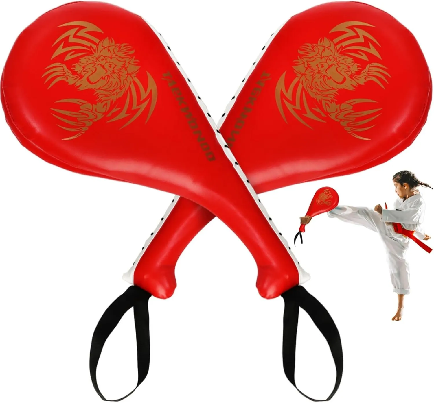 2 Pack Taekwondo Kick Pads, Double Kickboxing Striking Target Paddles, PU Leather TKD Martial Arts Training Pads, Tae Kwon Do Punching Sparring Gear for Youth Adult, Red, 15 x 7.5 x 2 inch