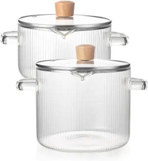 2 Pcs Clear for Cooking, Simmer, Heat Resistant Clear 1.8 & 2.3 L Saucepan with Cover Handle, Cookware Stovetop and Pan with Lid for Pasta Salad Noodle