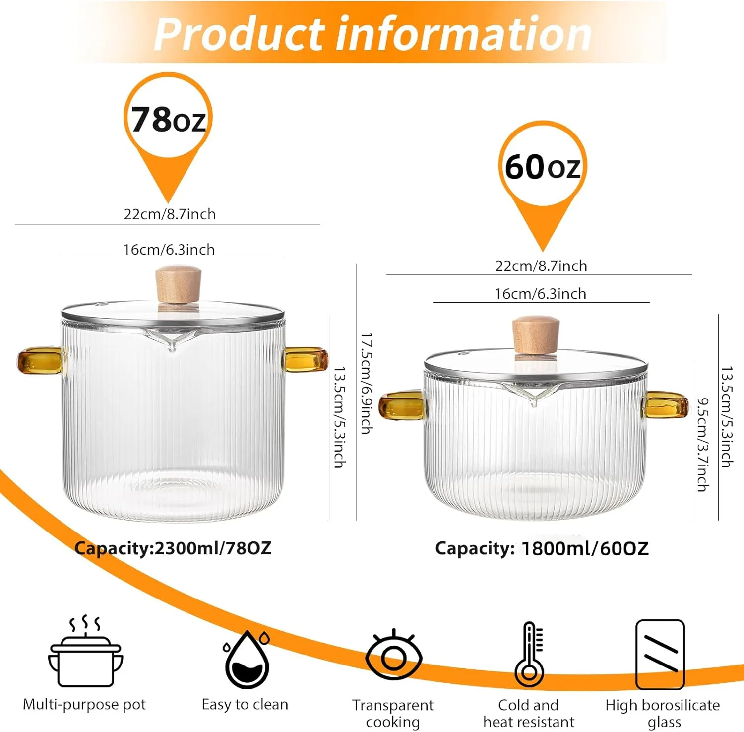 2-Piece Clear Cooking Set, Simmer, 1.8L & 2.3L Heat-Resistant Saucepan with Lid & Handle - Simmer & Paella Pans for Pasta, Salad, Soup, and Noodles
