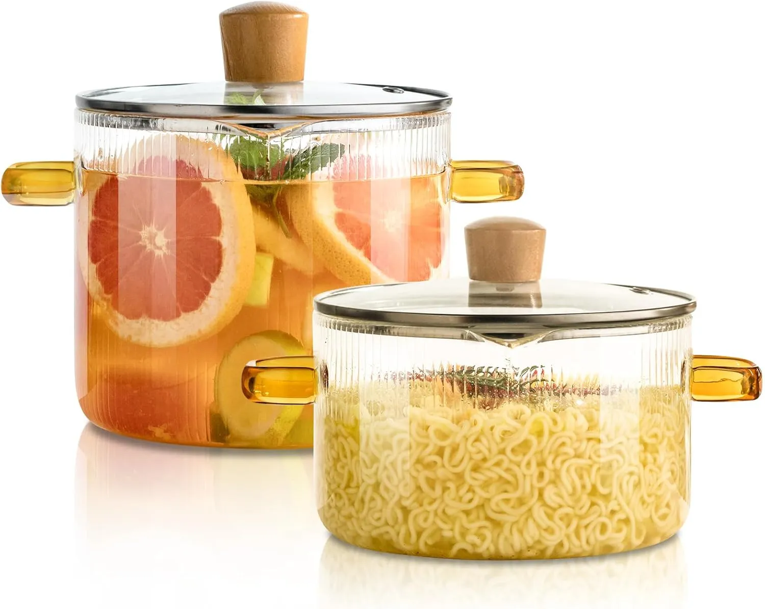 2-Piece Clear Cooking Set, Simmer, 1.8L & 2.3L Heat-Resistant Saucepan with Lid & Handle - Simmer & Paella Pans for Pasta, Salad, Soup, and Noodles