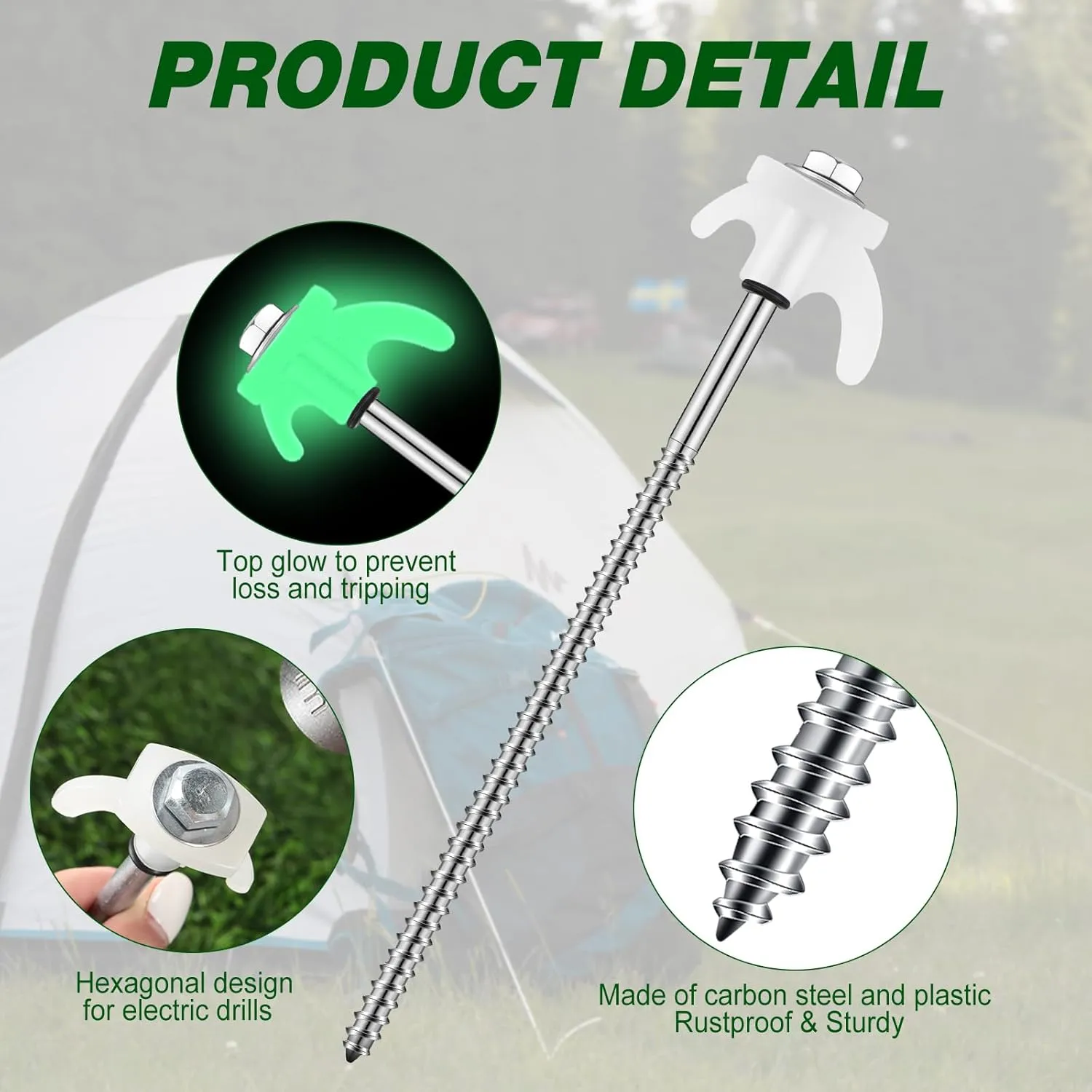 20 Pcs 8" Screw in Tent Stakes Heavy Duty Tent Stakes Drillable Ground Anchors Screw Metal Tent Pegs Threaded Tent Spikes with Head Driver for Swing Inflatable Decor (Illuminant White)