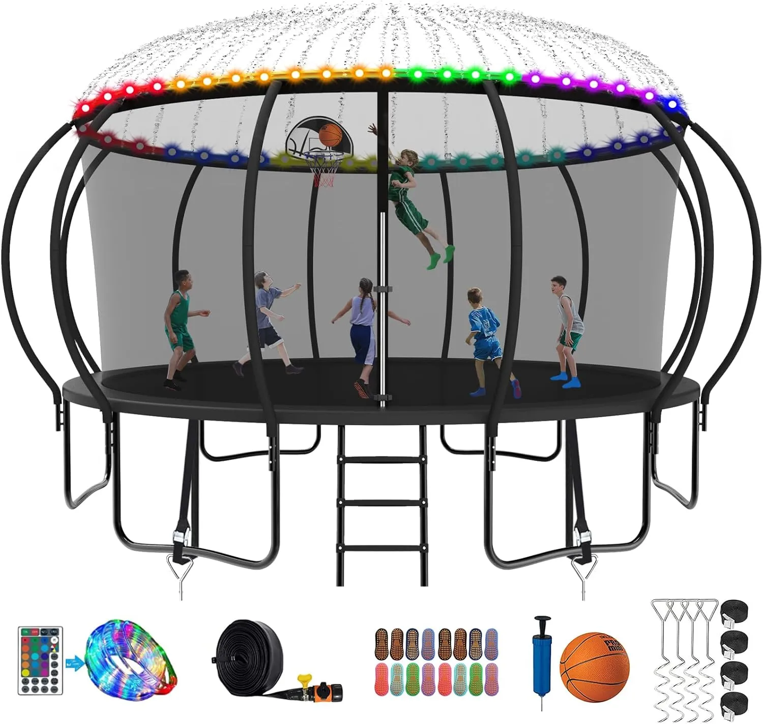 2025 Upgraded 8 10 12 14 15 16 FT 1500lbs Tranpoline for Kids and Adults with Light Sprinkler Socks, Recreational Tranpoline with Basketball Hoop, Ladder, ASTM Approved Tranpoline for 7-10 Kids