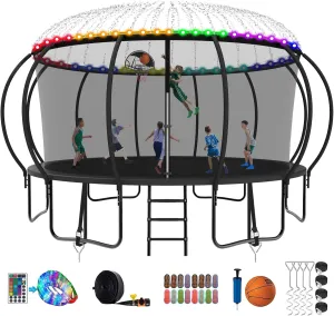 2025 Upgraded 8 10 12 14 15 16 FT 1500lbs Tranpoline for Kids and Adults with Light Sprinkler Socks, Recreational Tranpoline with Basketball Hoop, Ladder, ASTM Approved Tranpoline for 7-10 Kids