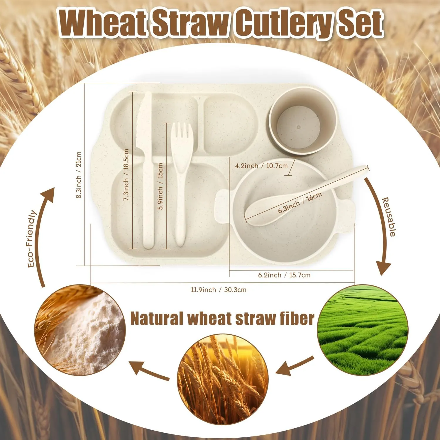 24-Piece Wheat Straw Dinnerware Set for Kids & Toddlers - Unbreakable, BPA-Free Plates, Bowls & Cups - Microwave & Dishwasher Safe - Perfect for Home, School & Picnics