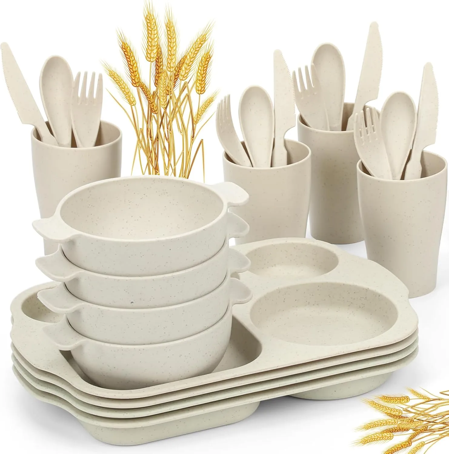 24-Piece Wheat Straw Dinnerware Set for Kids & Toddlers - Unbreakable, BPA-Free Plates, Bowls & Cups - Microwave & Dishwasher Safe - Perfect for Home, School & Picnics