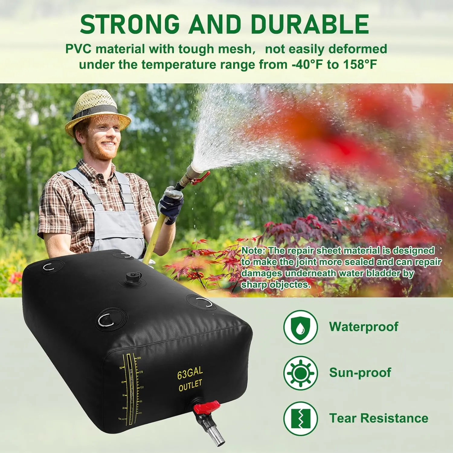 240L/63 Gal Water Bladder with Water Level Indicator, PVC Foldable and Portable Water Tank with 3 Connectors and Overflow Kit, Ideal for RV, Camping, Rainwater Collecting,Planting Watering