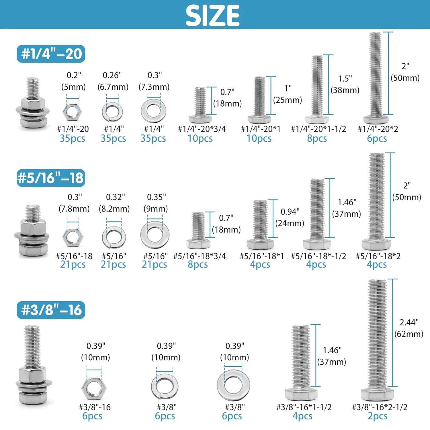 246PCS Hex Head Bolts and Nuts Assortment Kit, Stainless Steel 1/4-20, 5/16-18, 3/8-16, Assorted Nuts and Bolts, Flat & Spring Lock Washers with Case