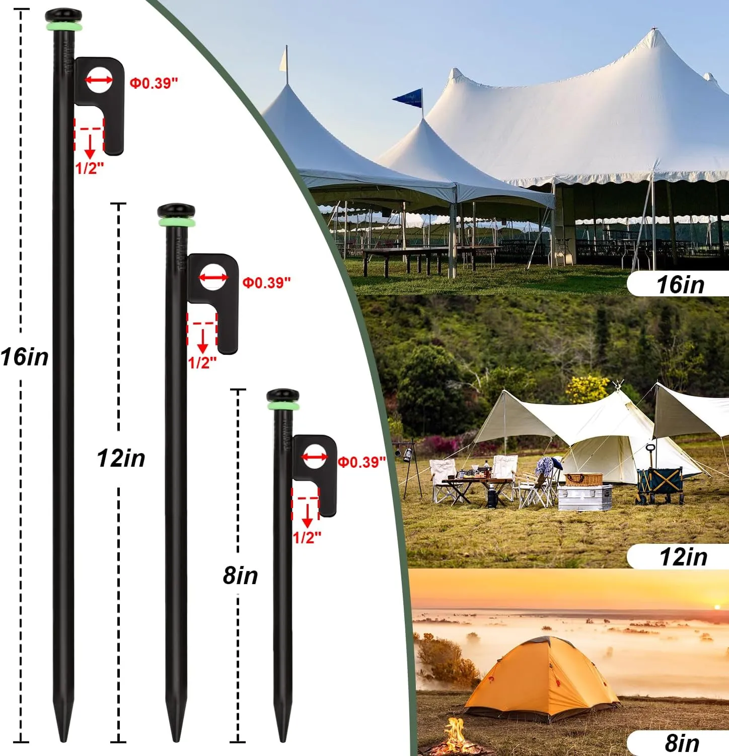 24Pcs Tent Stakes, 12in Heavy Duty Tent Stakes with Storage Pouch, Dia 0.35" Forged Steel Stakes for Tent Used on Rocks, Grassland, Snowfield(24Pcs 12in Stakes)