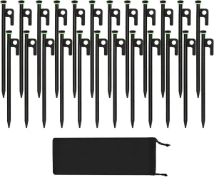 24Pcs Tent Stakes, 12in Heavy Duty Tent Stakes with Storage Pouch, Dia 0.35" Forged Steel Stakes for Tent Used on Rocks, Grassland, Snowfield(24Pcs 12in Stakes)