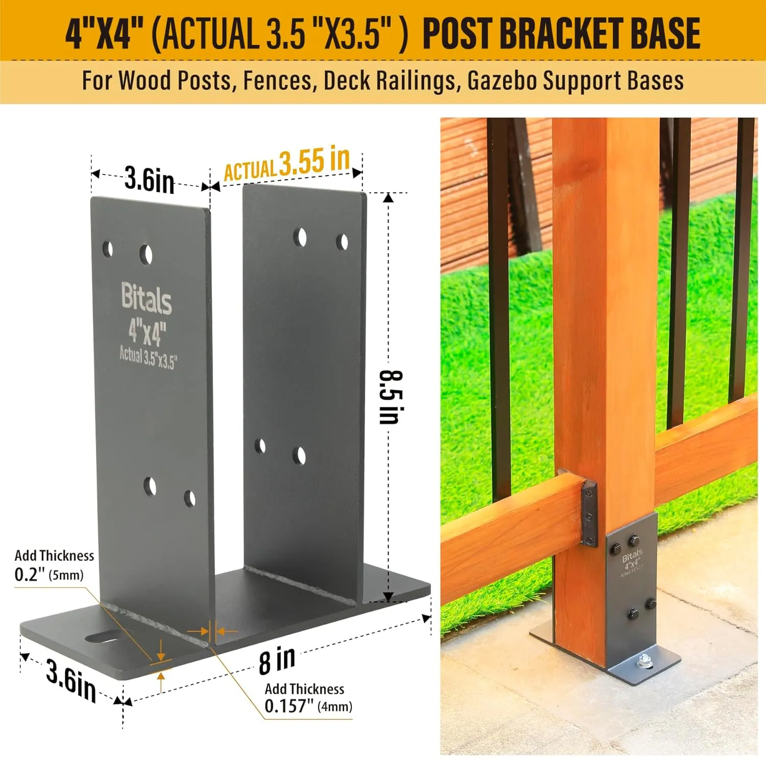 2pcs 4" x 4" (Actual: 3.5 x 3.5) Stainless Steel Post Base, Post Anchor Bracket, Concrete Support Anchor Base for Deck Railing, Fences, Mailboxes, Pavilions, Deck Porches, etc (Dark Gray)