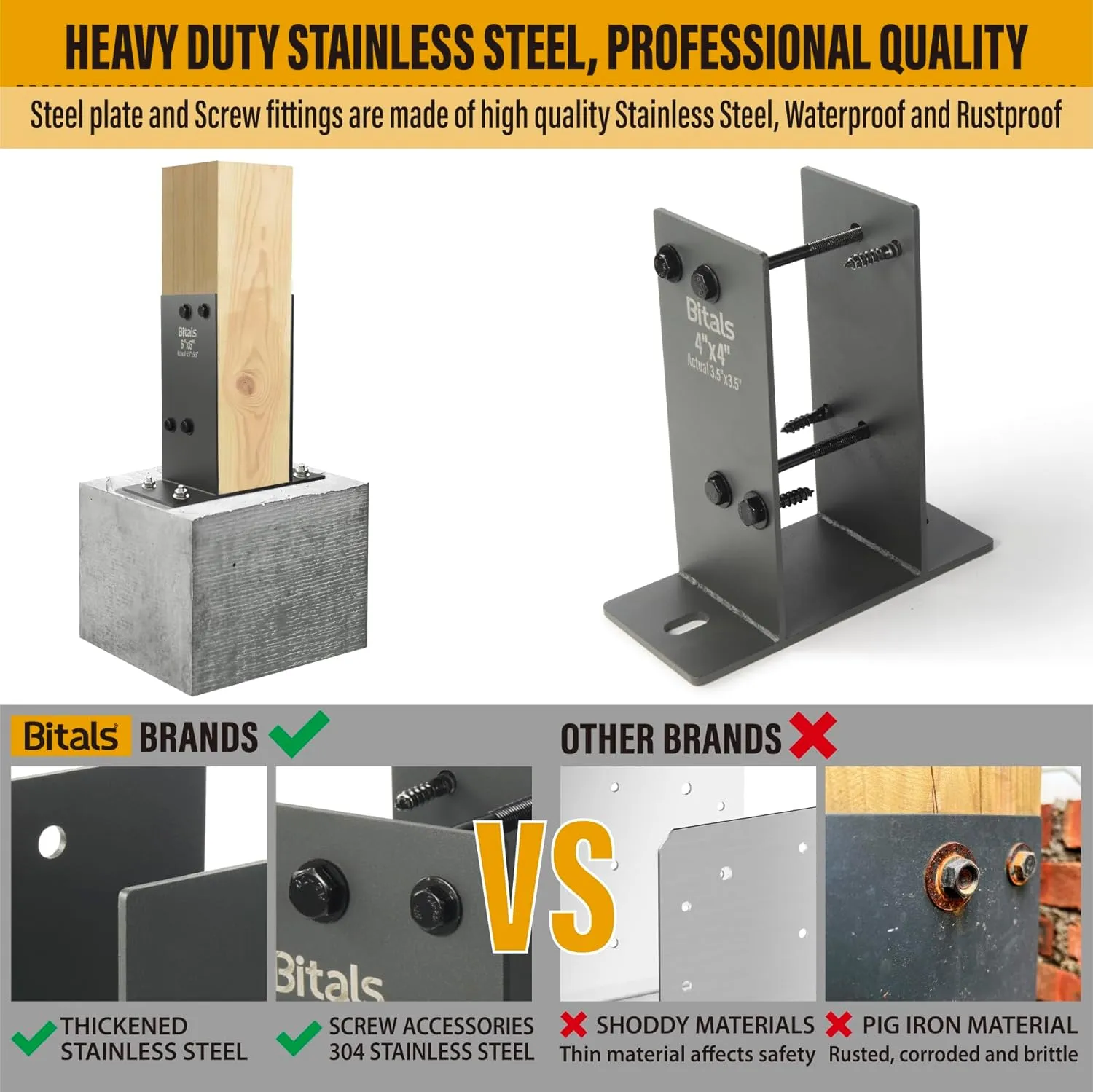 2pcs 4" x 4" (Actual: 3.5 x 3.5) Stainless Steel Post Base, Post Anchor Bracket, Concrete Support Anchor Base for Deck Railing, Fences, Mailboxes, Pavilions, Deck Porches, etc (Dark Gray)