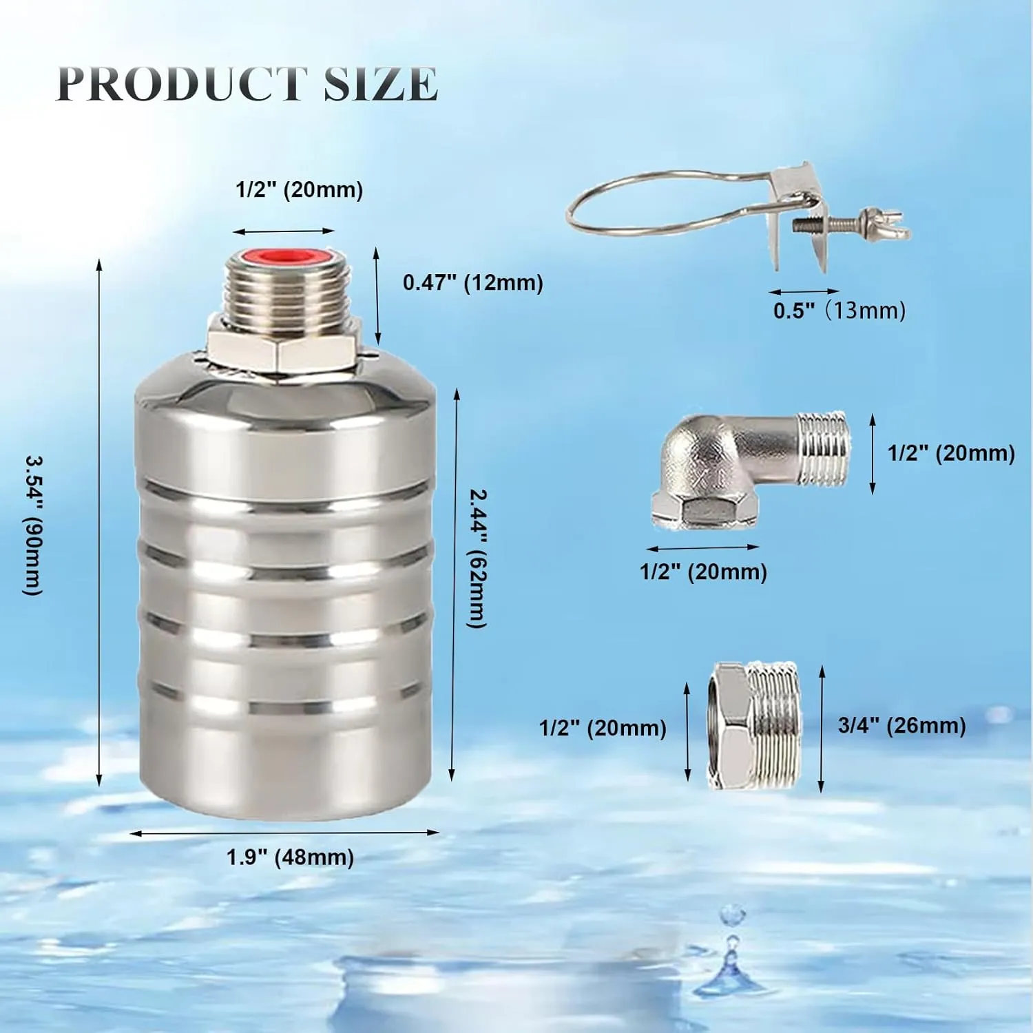 2PCS Float Valves, 1/2" to 3/4'' Automatic Water Level Control Float Valve, 304 Stainless Steel Water Shut Off Valve, Water Trough Float Valve