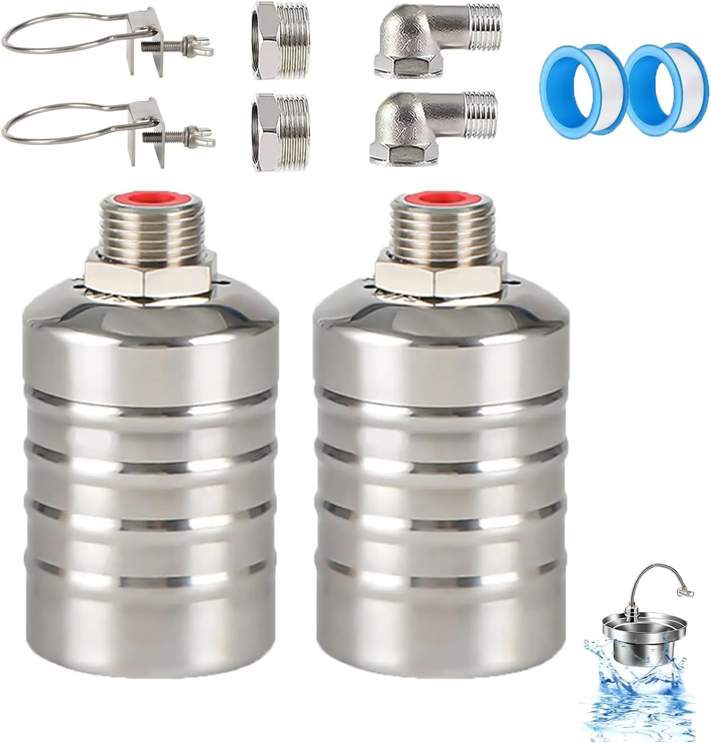 2PCS Float Valves, 1/2" to 3/4'' Automatic Water Level Control Float Valve, 304 Stainless Steel Water Shut Off Valve, Water Trough Float Valve