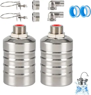 2PCS Float Valves, 1/2" to 3/4'' Automatic Water Level Control Float Valve, 304 Stainless Steel Water Shut Off Valve, Water Trough Float Valve