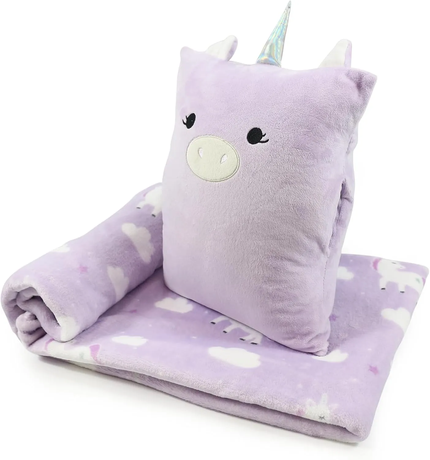 3-in-1 Kids Travel Blanket and Pillow Set, Snuggle Pillow with Hand Warmer, 40x60 inches Unicorn Blanket for Girls Compact, Perfect for Travel, Camping, Home and Office