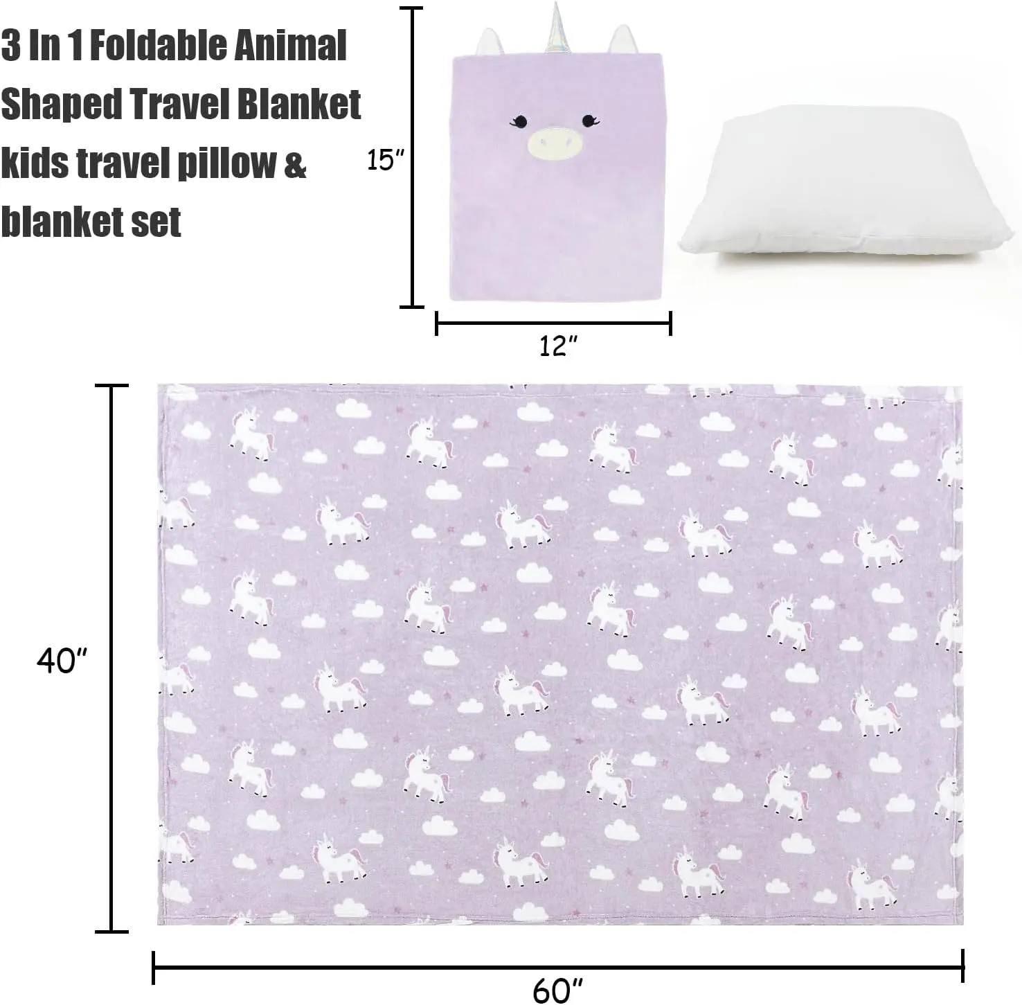 3-in-1 Kids Travel Blanket and Pillow Set, Snuggle Pillow with Hand Warmer, 40x60 inches Unicorn Blanket for Girls Compact, Perfect for Travel, Camping, Home and Office