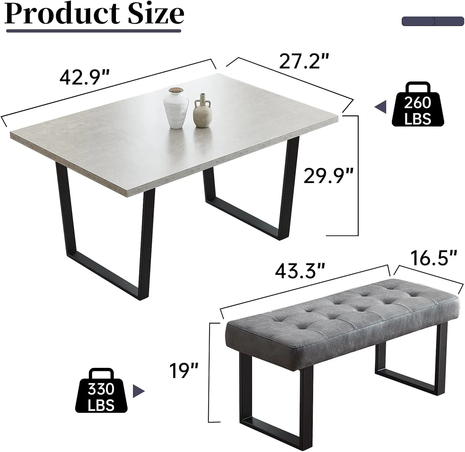 3 Piece Dining Table Set, 42.9 Inch Modern Kitchen Table With Right Seat Corner Bench and 43.3 Inch Bench for Family Dining Room Furniture