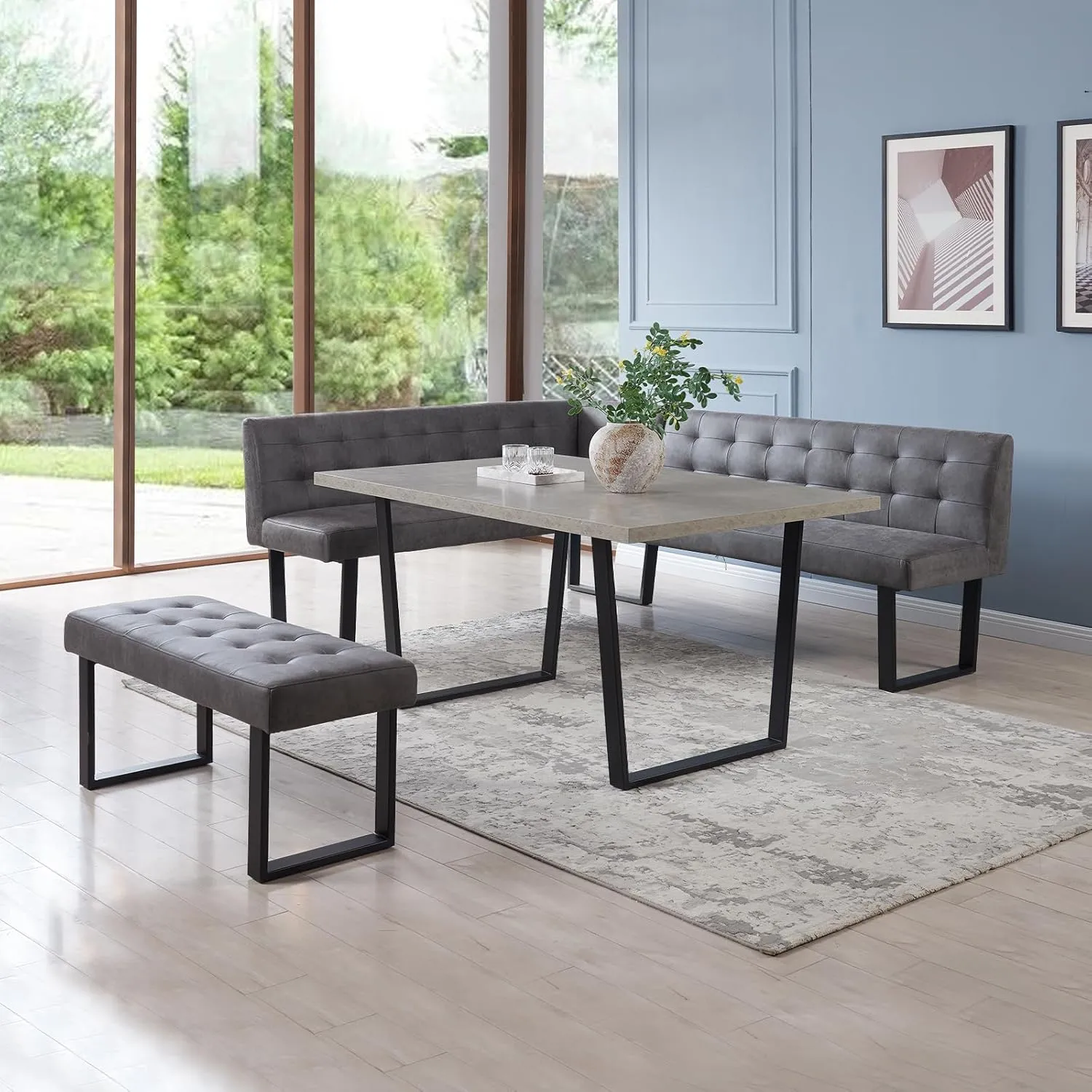 3 Piece Dining Table Set, 42.9 Inch Modern Kitchen Table With Right Seat Corner Bench and 43.3 Inch Bench for Family Dining Room Furniture