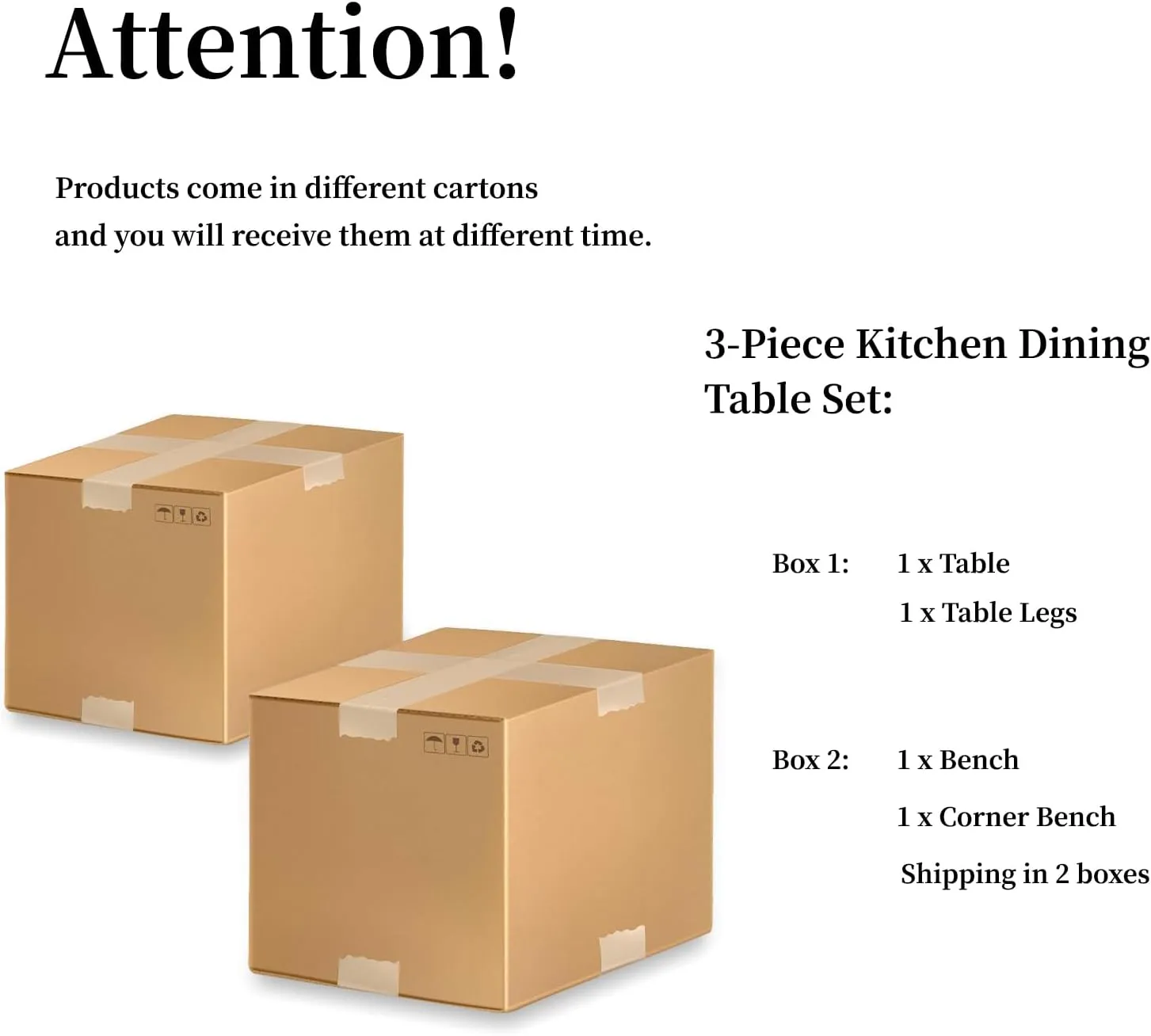 3 Piece Dining Table Set, 42.9 Inch Modern Kitchen Table With Right Seat Corner Bench and 43.3 Inch Bench for Family Dining Room Furniture