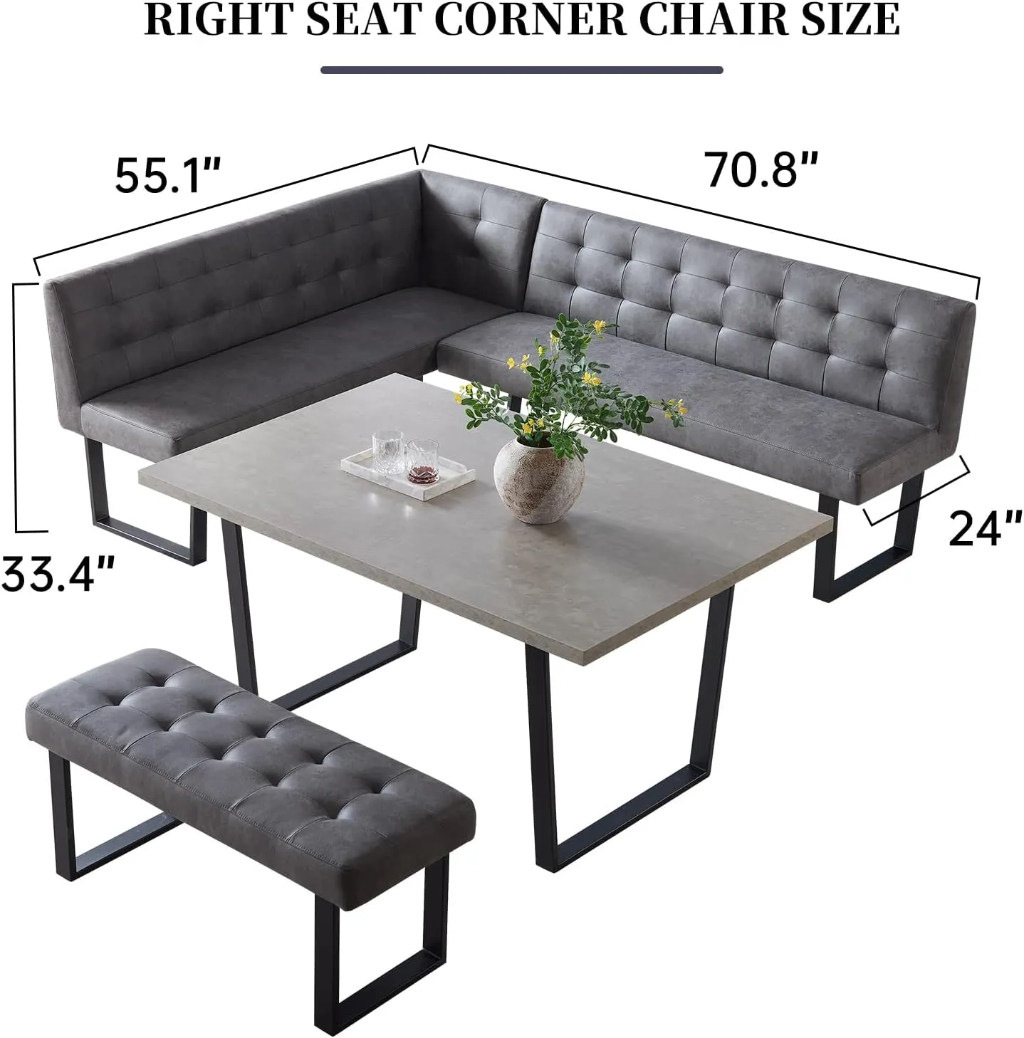 3 Piece Dining Table Set, 42.9 Inch Modern Kitchen Table With Right Seat Corner Bench and 43.3 Inch Bench for Family Dining Room Furniture