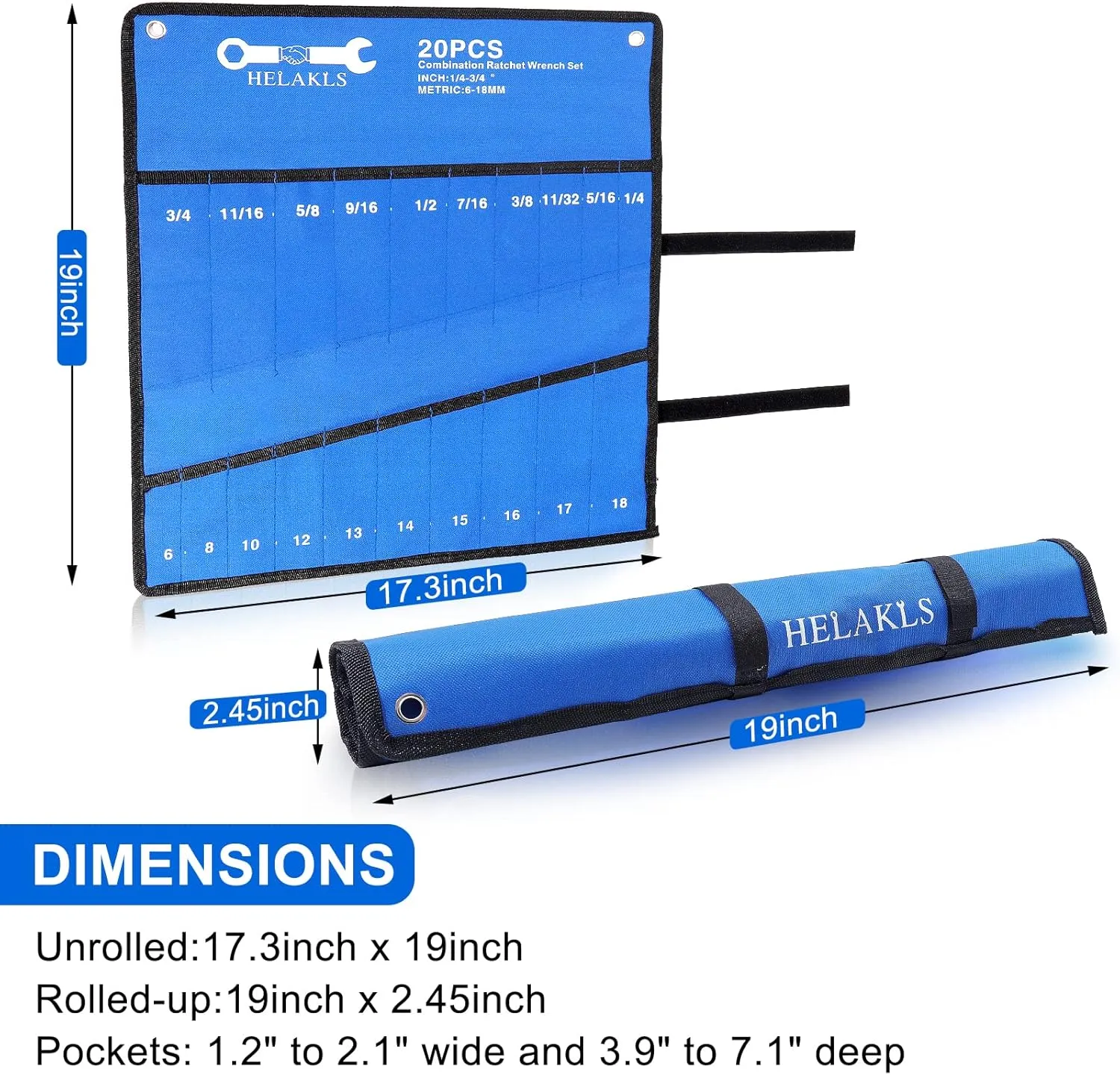 3 Pieces (7 12 20 Pockets) Wrench Tool Roll Up Pouch Utility Heavy Duty Canvas Tool Organizers Bag Blue