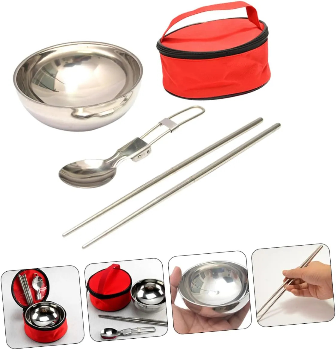 3 Sets Rv Dishes Camping Bowls Collapsible Stainless Steel Bowl Folding Spoon Chopsticks Picnic Kit Outdoor Kitchenware