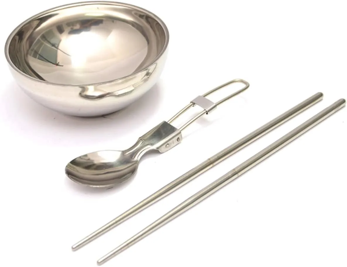 3 Sets Rv Dishes Camping Bowls Collapsible Stainless Steel Bowl Folding Spoon Chopsticks Picnic Kit Outdoor Kitchenware