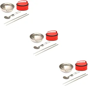 3 Sets Rv Dishes Camping Bowls Collapsible Stainless Steel Bowl Folding Spoon Chopsticks Picnic Kit Outdoor Kitchenware