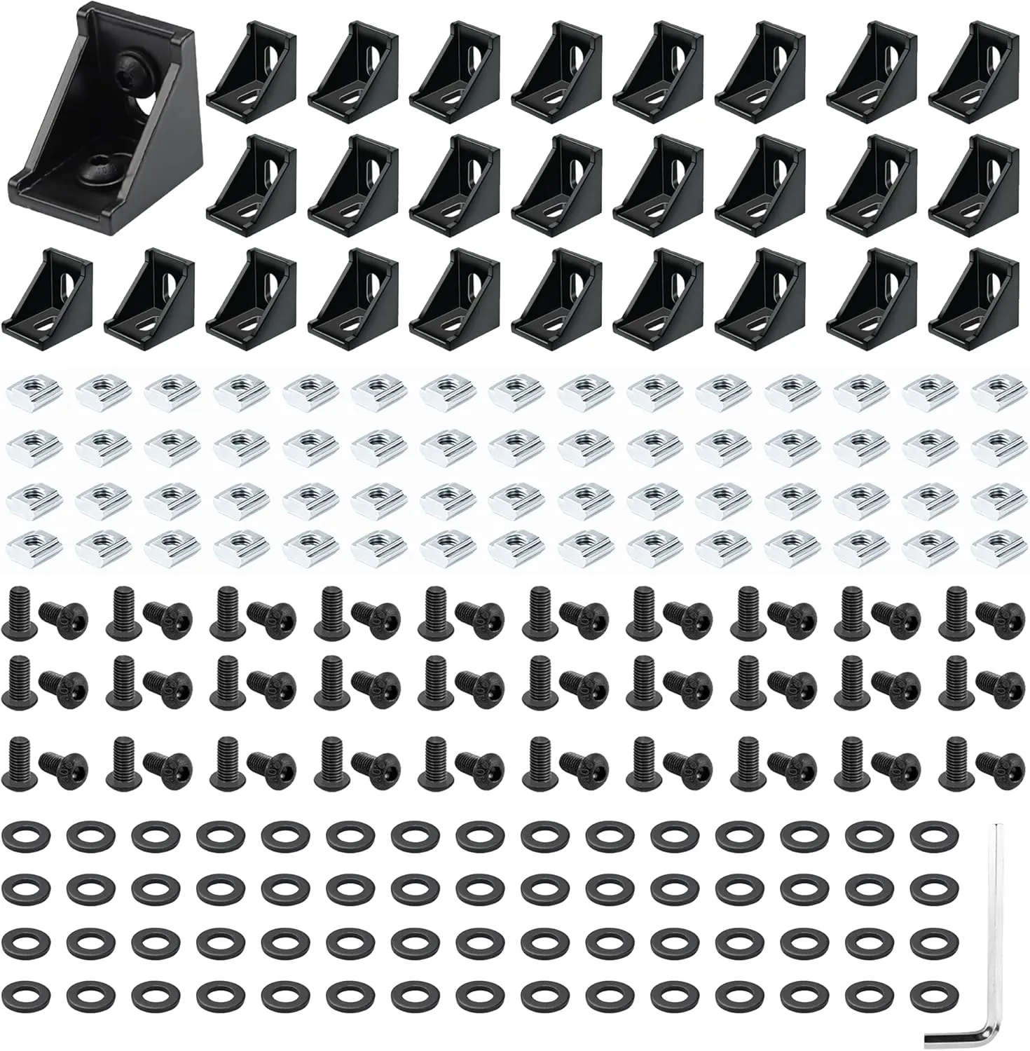 30 Set Black 2020 Series Aluminum Extrusion Profile Connector, Includes 1pc Wrench, 30pcs 2028 Corner Bracket, 60pcs T-Slot Sliding Nuts and M5 Hex Screw Bolt for 20S Aluminum Rail Accessories