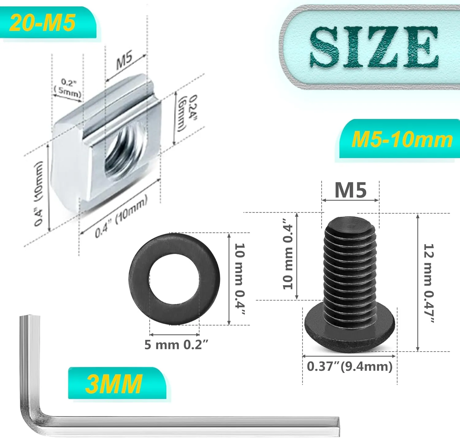 30 Set Black 2020 Series Aluminum Extrusion Profile Connector, Includes 1pc Wrench, 30pcs 2028 Corner Bracket, 60pcs T-Slot Sliding Nuts and M5 Hex Screw Bolt for 20S Aluminum Rail Accessories