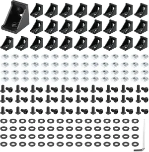 30 Set Black 2020 Series Aluminum Extrusion Profile Connector, Includes 1pc Wrench, 30pcs 2028 Corner Bracket, 60pcs T-Slot Sliding Nuts and M5 Hex Screw Bolt for 20S Aluminum Rail Accessories