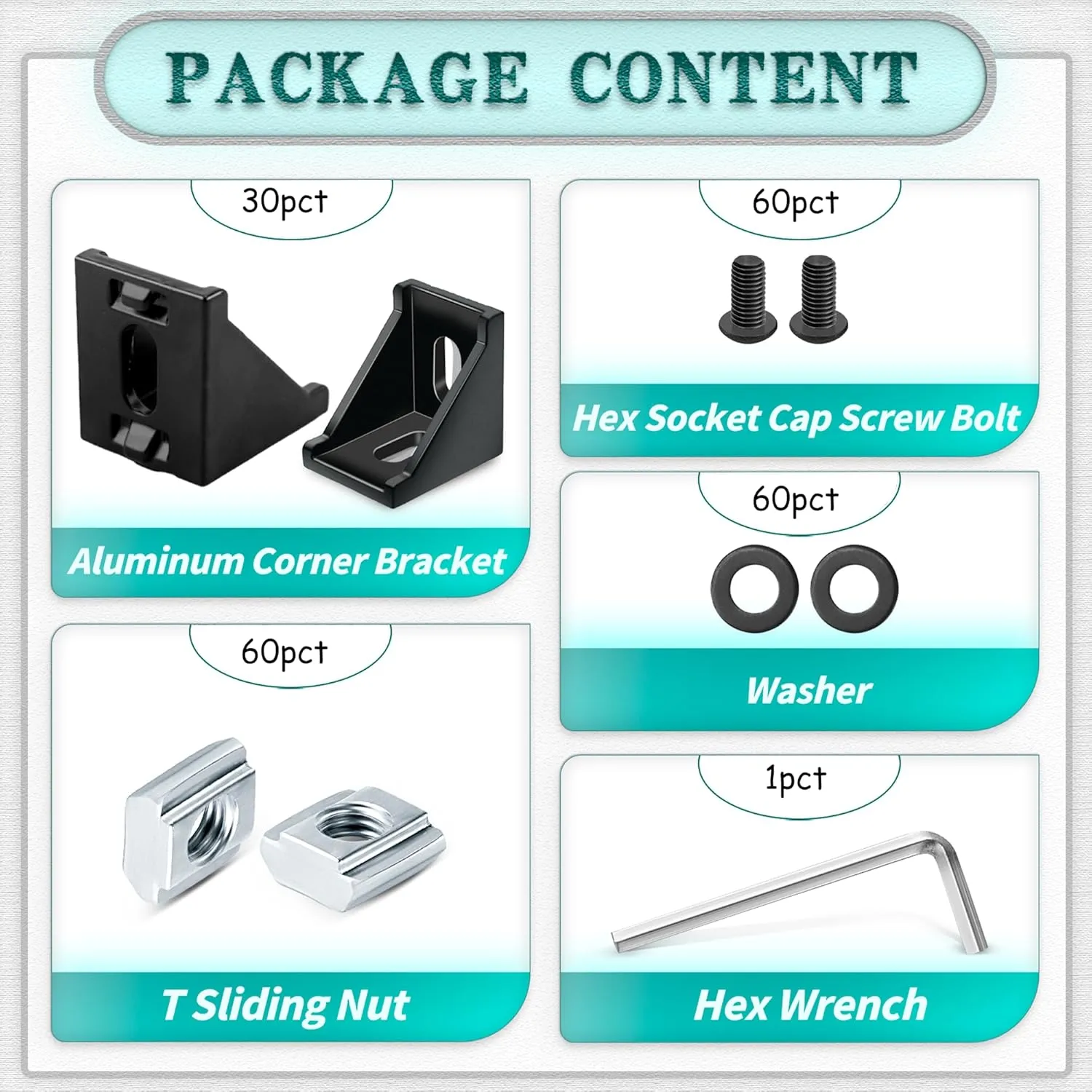30 Set Black 2020 Series Aluminum Extrusion Profile Connector, Includes 1pc Wrench, 30pcs 2028 Corner Bracket, 60pcs T-Slot Sliding Nuts and M5 Hex Screw Bolt for 20S Aluminum Rail Accessories