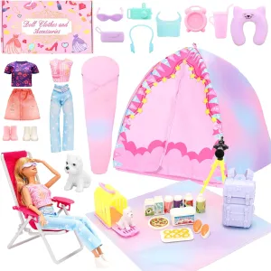 34 PCS Girl Doll Travel Camping Tent Set for 11.5 Inch Dolls Includes Clothes, Food, Telescope, Tent, Sleeping Bag, Backpack, Chair, Shoes and Other Camping Accessories （NO Doll）