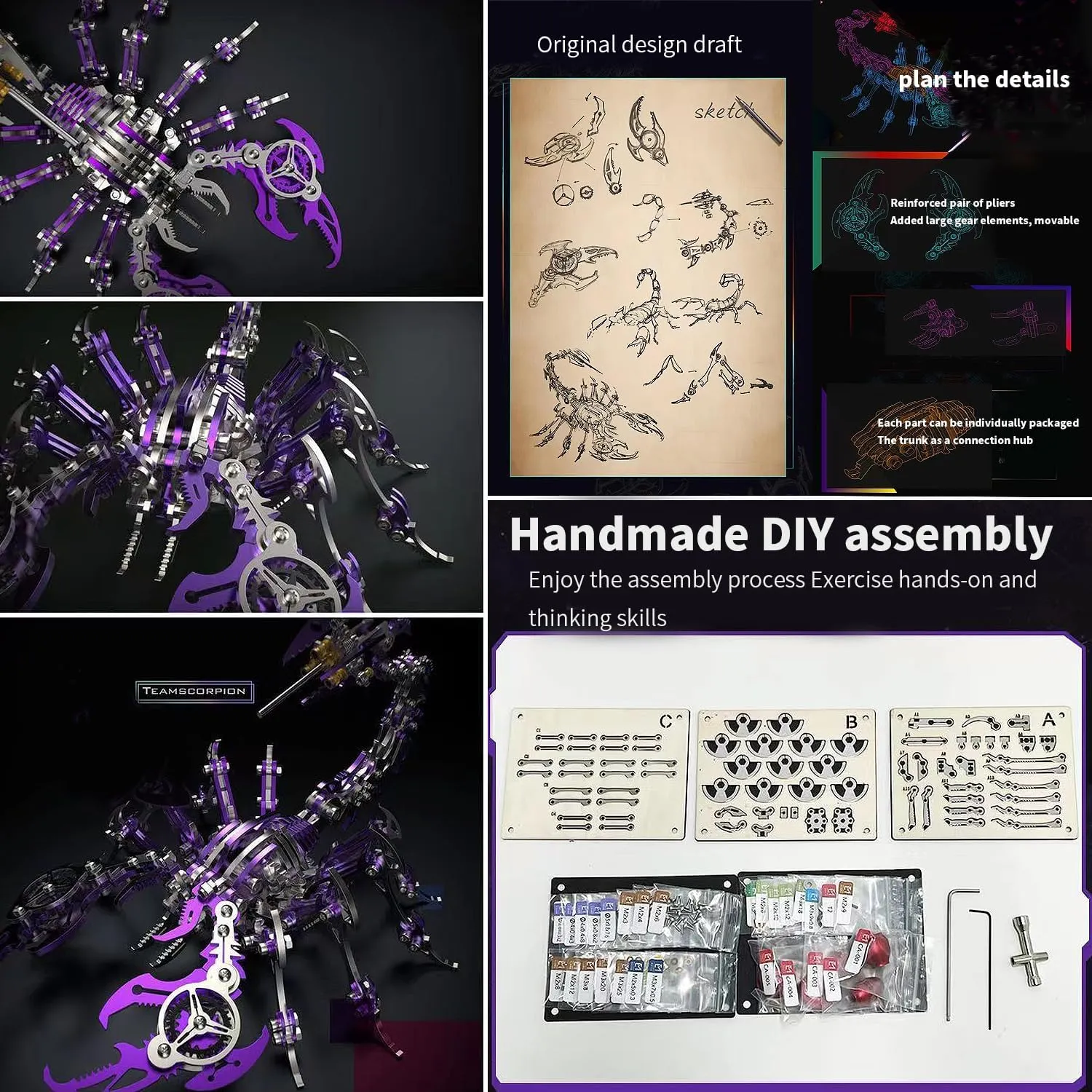 3D Scorpion Metal Puzzle Mechanical Scorpion King Metal Model Kit - 304 Stainless Steel, Expert Tools & Instructions - Mind-Bending Building Blocks for Adults (Purple)