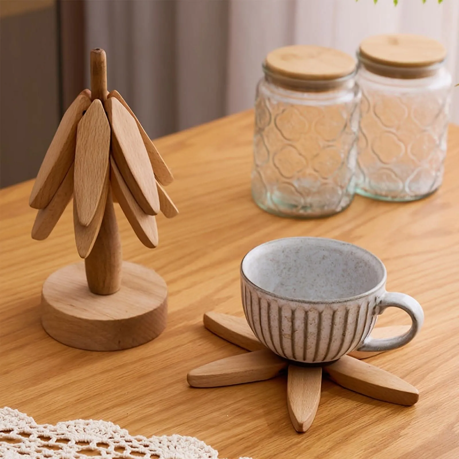 3pcs Wooden Coaster Set With Tree Design - Non-Slip, Heat-Resistant
