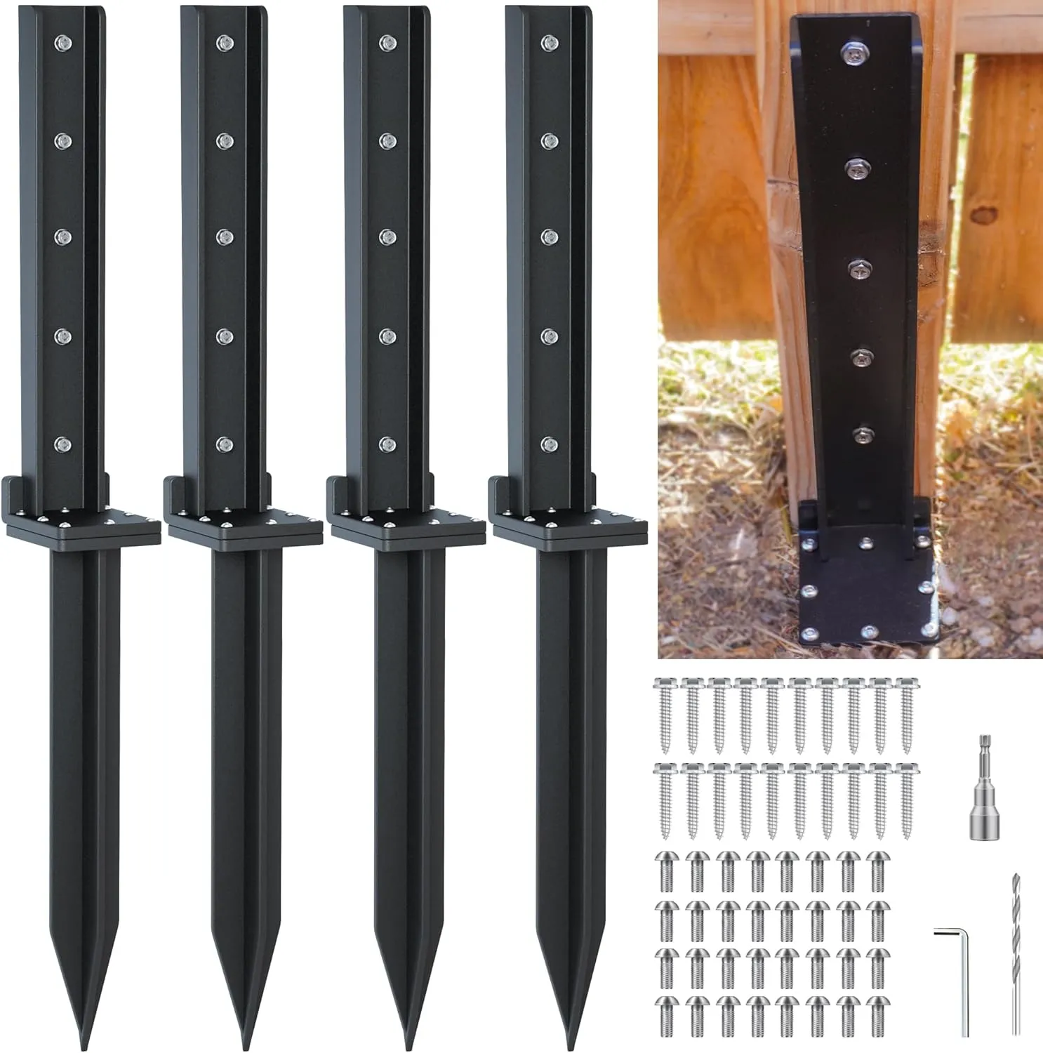 4-Pack Fence Post Repair Kit 32in Heavy Duty Ground Anchor Thickened Stakes 304 Stainless Steel Screw-Connected for Repairing Tilted and Broken Wooden Fence Post