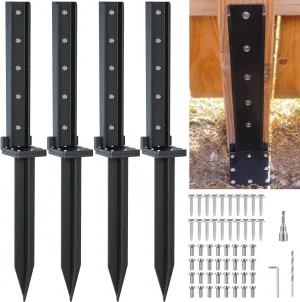 4-Pack Fence Post Repair Kit 32in Heavy Duty Ground Anchor Thickened Stakes 304 Stainless Steel Screw-Connected for Repairing Tilted and Broken Wooden Fence Post