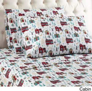 4 Piece Red Green Multi Cabin Theme Sheet Cal Full Set, Beautiful Lodge Hunting Pattern, Deer, Alpine Trees, Houses, Snowman Print, Fully Elasticized Fitted, Deep Pocket, Flannel
