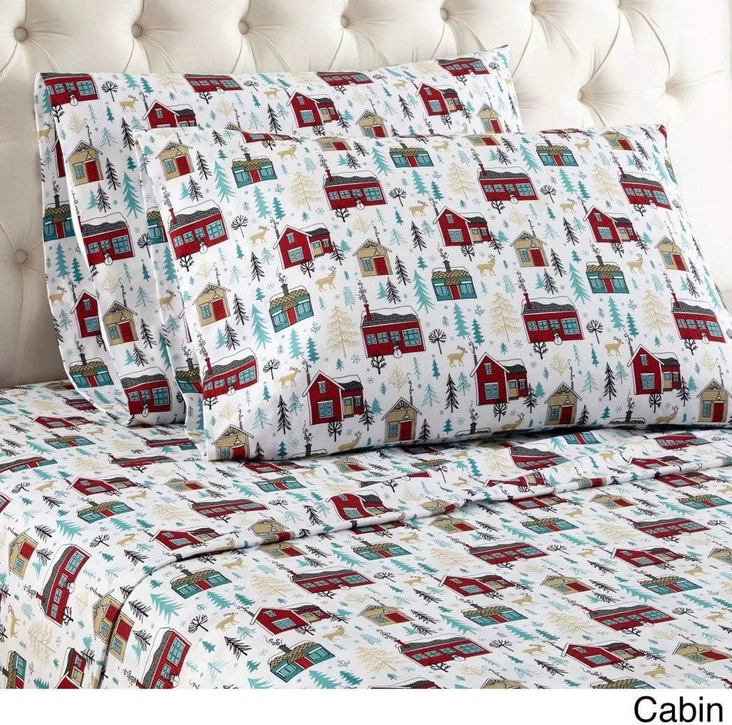 4 Piece Red Green Multi Cabin Theme Sheet Cal Full Set, Beautiful Lodge Hunting Pattern, Deer, Alpine Trees, Houses, Snowman Print, Fully Elasticized Fitted, Deep Pocket, Flannel