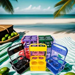 4-Slot Folding Cup Holder Caddy – Portable Plastic Beverage Stand for Bottles