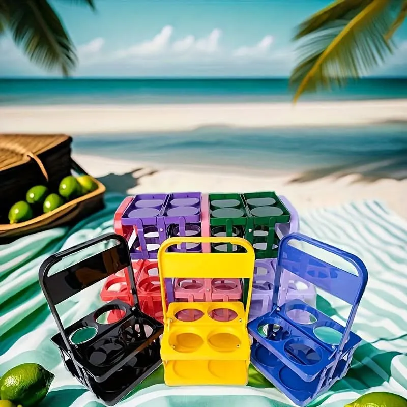 4-Slot Folding Cup Holder Caddy – Portable Plastic Beverage Stand for Bottles