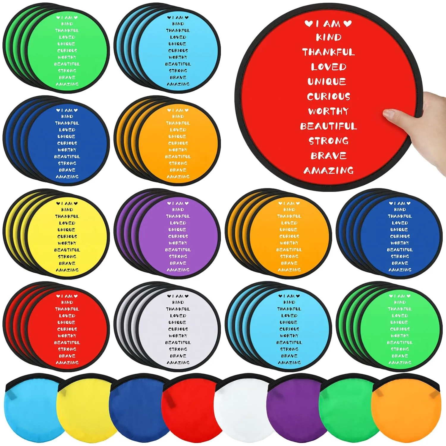 48 Pieces End of Year Gift Inspirational Flying Disc Fans Set Motivational Beach Fun Foldable Hand Fan with Bag for Students Summer Birthday Outdoor Activity Game School Prizes Party, 8 Color