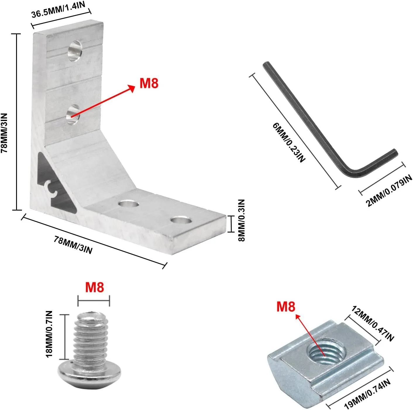 4Pcs 4040 Corner Brackets Set with 16Pcs M8 T Slot Nuts, 16Pcs M8x18mm Hex Socket Cap Screw and 1Pcs M5 Wrench for 2020 Series Aluminum Extrusion Profile