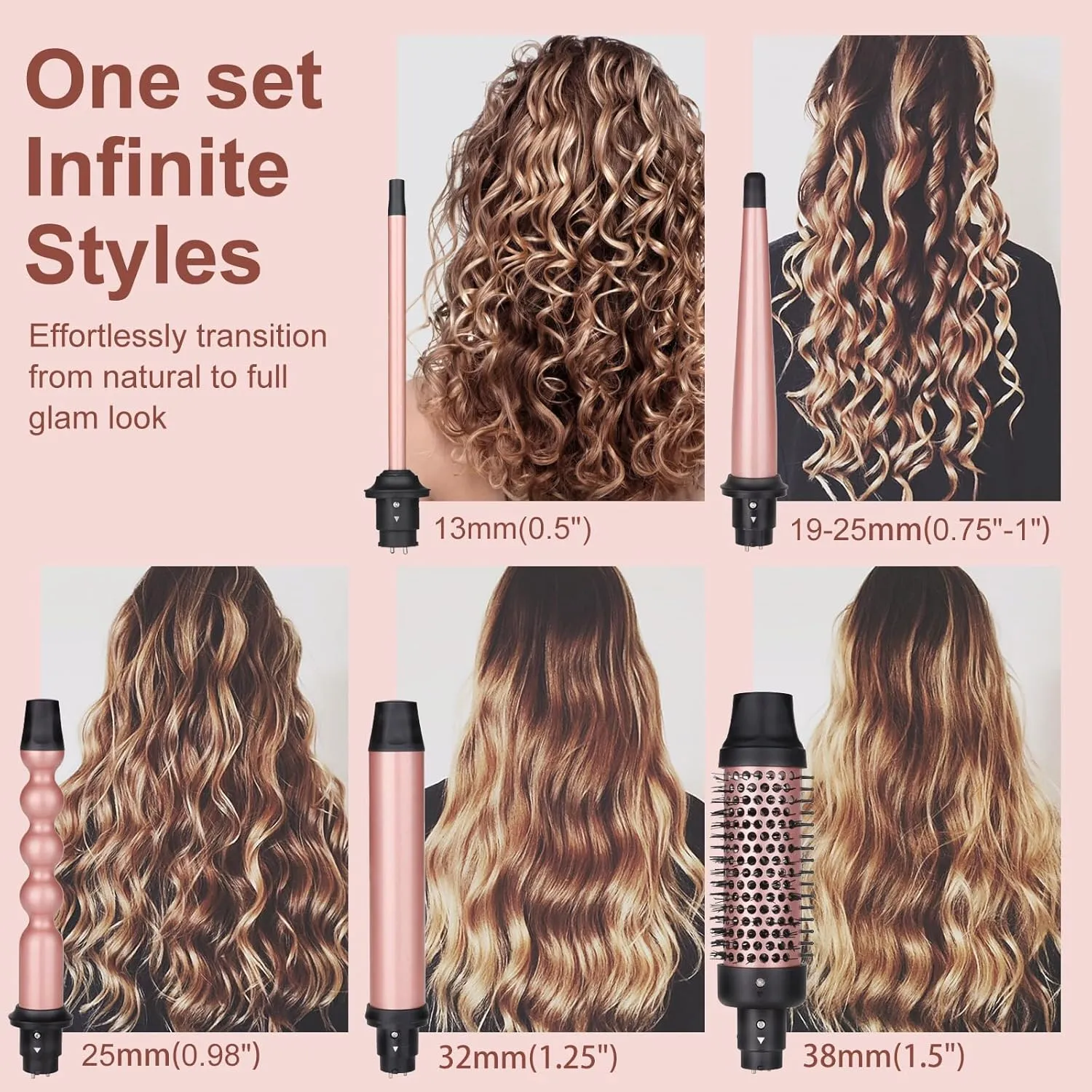 5 in 1 Curling Iron Brush Set with Thermal Brush and 4 Interchangeable Ceramic Curling Wand(0.5”-1.25”), Fast Heating, Dual Voltage, Include Glove