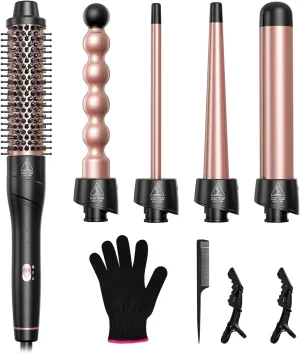 5 in 1 Curling Iron Set, Curling Wand with New Upgraded Thermal Brush and 4 Interchangeable Ceramic Barrels(0.35"-1.5"), Fast Heating, Dual Voltage Hair Curler, Gifts for Women
