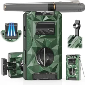 5-in-1 Torch Lighter, with V-Cutter, Triple Jet Flames, Holder, Punch, Draw Enhancer Tool, Multifunctional Accessories, Gifts for Men, Windproof Refillable Butane Lighter for Travel, Candles, Outdoors