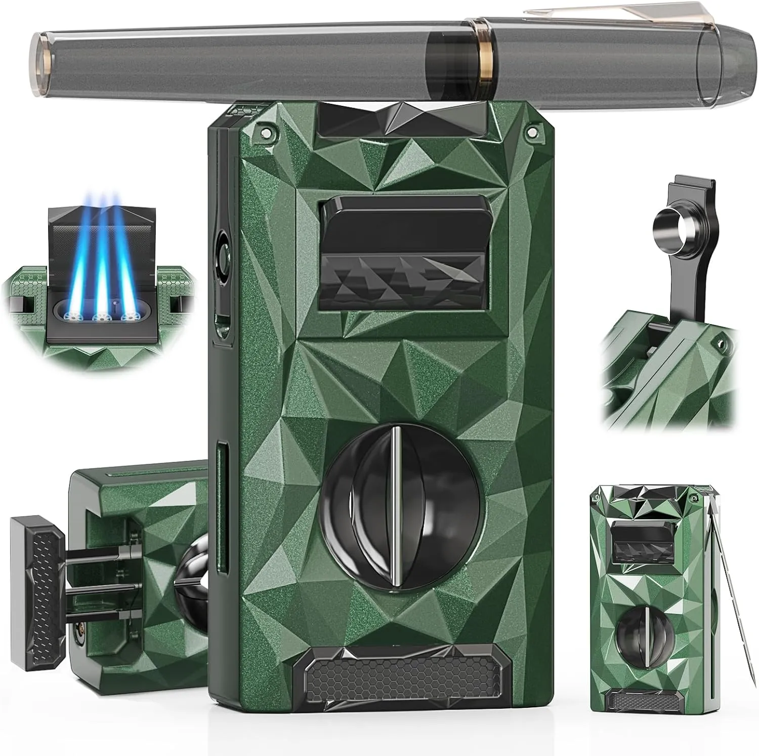 5-in-1 Torch Lighter, with V-Cutter, Triple Jet Flames, Holder, Punch, Draw Enhancer Tool, Multifunctional Accessories, Gifts for Men, Windproof Refillable Butane Lighter for Travel, Candles, Outdoors