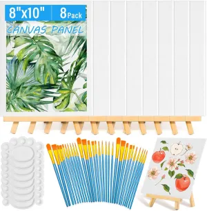54 Pack Canvas with Easel Set 8 x 10 Inch Canvas Boards with Wooden Easels, Brushes Canvas Panel Kit for Beginners Art Crafts Sip and Party