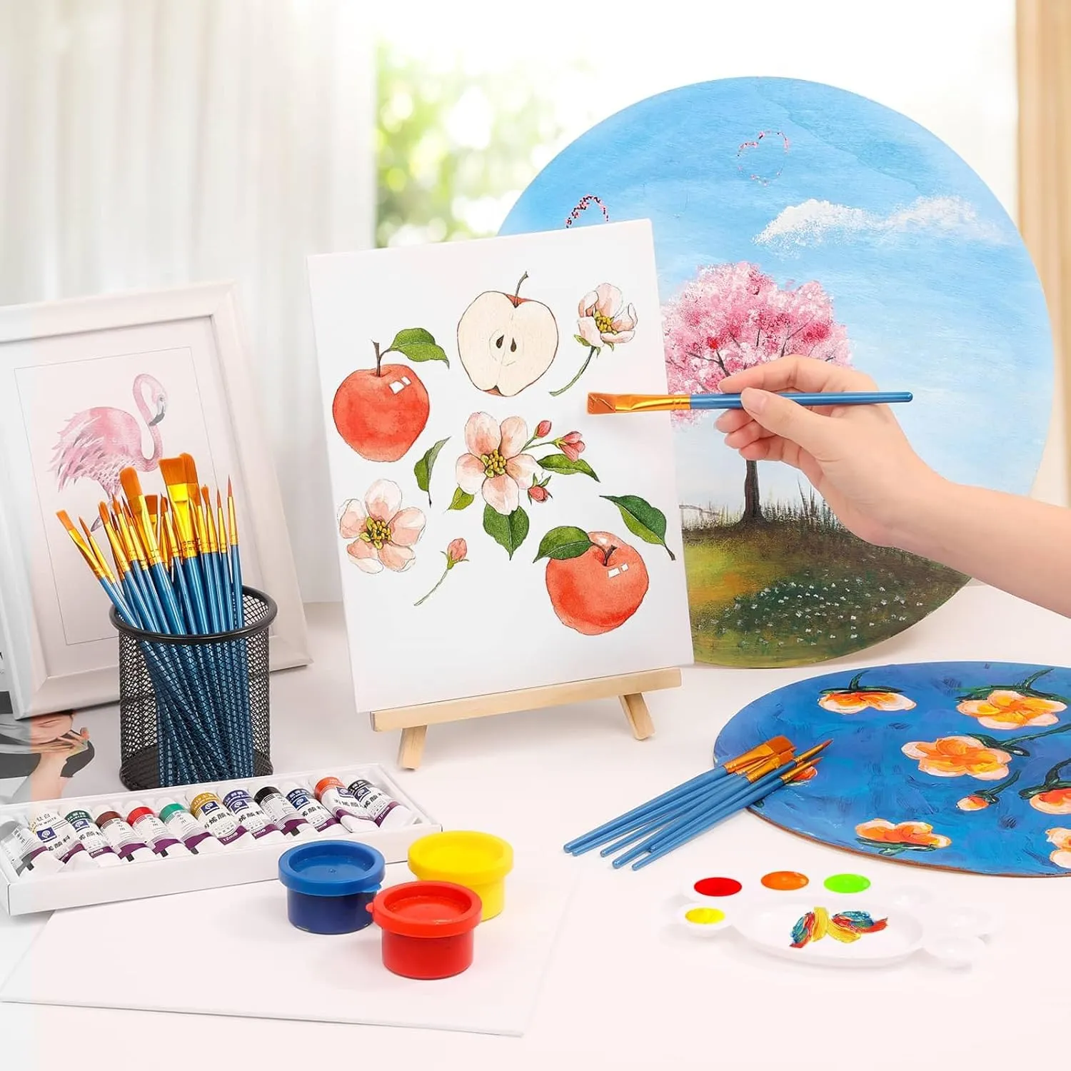 54 Pack Canvas with Easel Set 8 x 10 Inch Canvas Boards with Wooden Easels, Brushes Canvas Panel Kit for Beginners Art Crafts Sip and Party