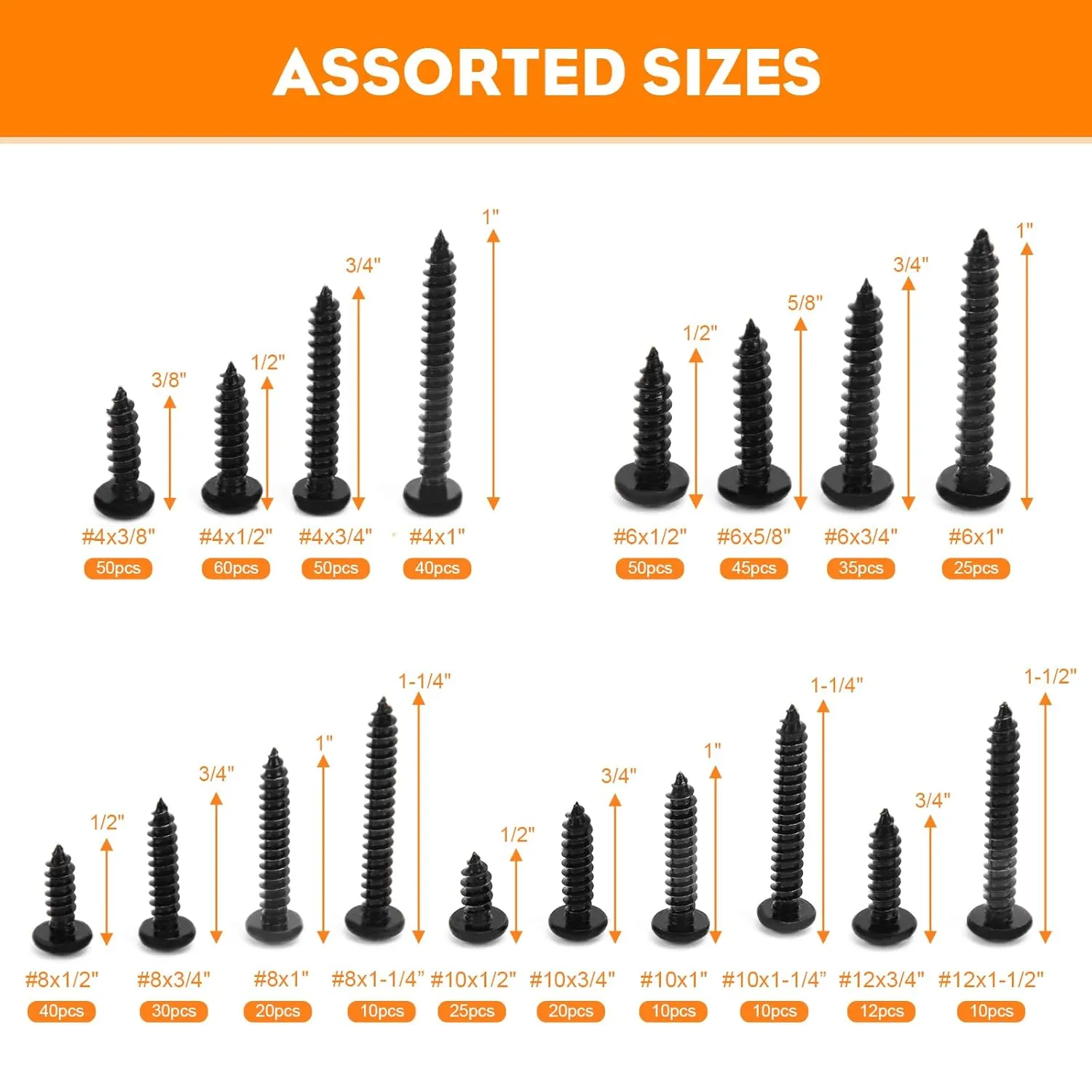 542PCS #4#6#8#10#12 Phillips Head Screw Set Stainless Steel Wood Screws Assortment Kit, Assorted Sheet Metal Self Tapping Screws, 18-8(304) Stainless Steel (pan Black)